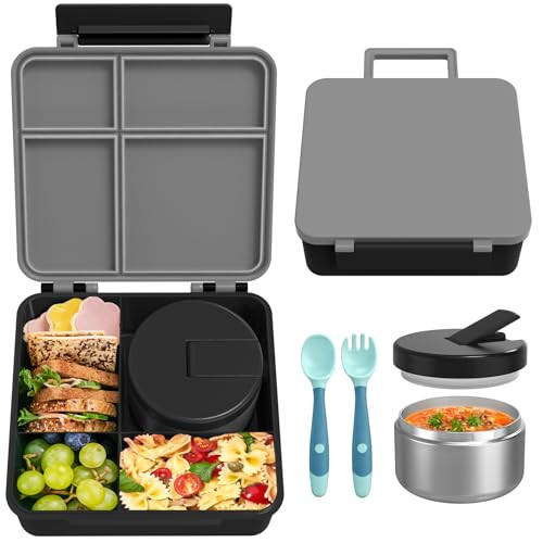 Bento Lunch Box with 8oz Soup Thermo, Leak-Proof Lunch Containers with 4 Compartment, Thermo Hot Food Jar and Insulated Lunch Box for School Black | Amazon (US)
