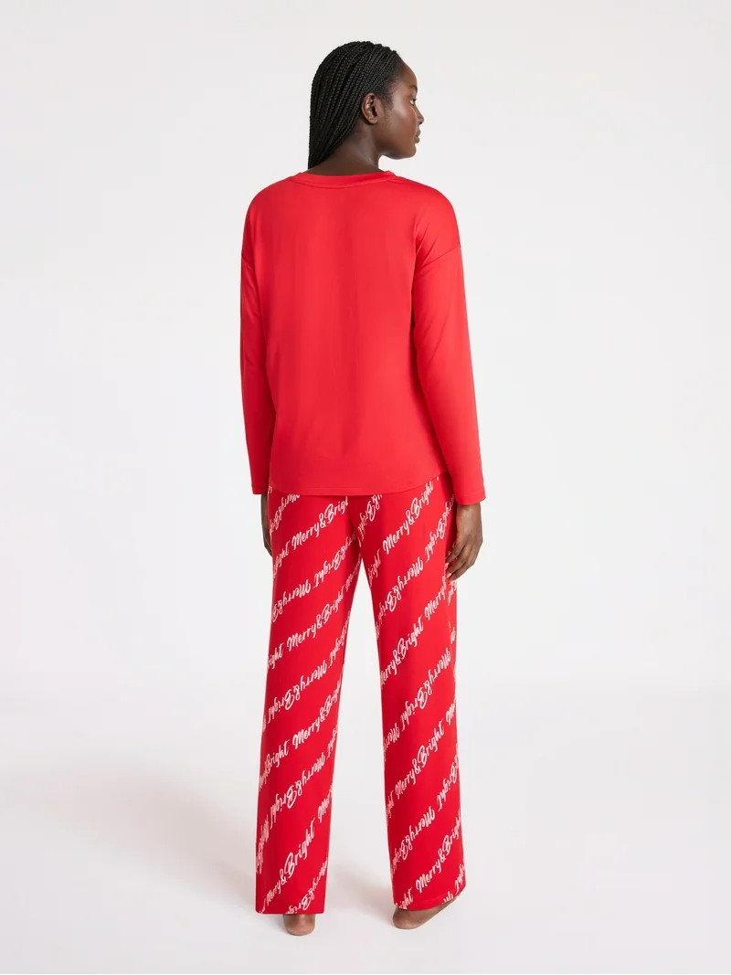 Joyspun Women's Dreamy Soft Collection Long Sleeve Sleep Top and Straight Leg Pants Pajama Set, 2... | Walmart (US)