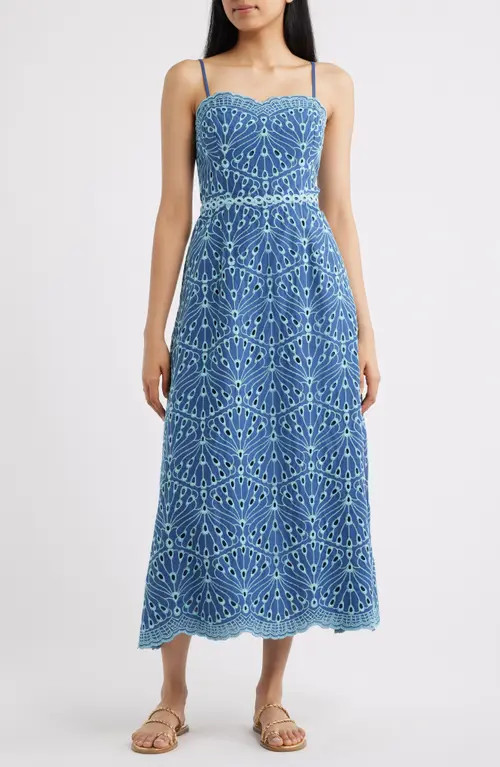 Lilly Pulitzer® Arlin Eyelet Embroidered Midi Dress in Starlight Navy X Capri Blue at Nordstrom, Size 6 | Nordstrom