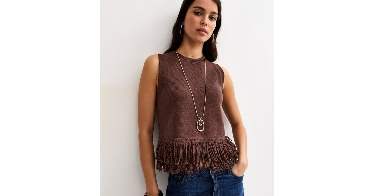 Dark Brown Fringed Hem Cotton Rich Vest | New Look | New Look (UK)