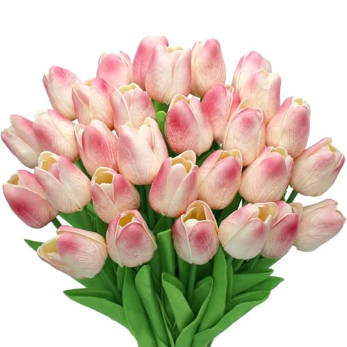 28pcs Pink Flowers Artificial Tulip Stems Real Feel PU Tulips for Easter Spring Wreath Wedding Bouquet Centerpiece Floral Arrangement Cemetery Table Décor 13" Tall | Amazon (US)