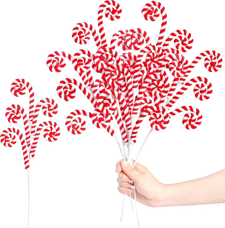 Sggvecsy 6 Pcs Christmas Tree Decoration Woolen Bells Candy Cane Shape Picks Lollipop Curly Pick ... | Amazon (US)