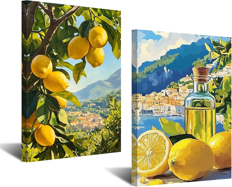 CXHOSTENT Kitchen Lemon Wall Decor 2 Panel Lemon Tree Pictures Wall Art Yellow Citrus Fruit Print... | Amazon (UK)