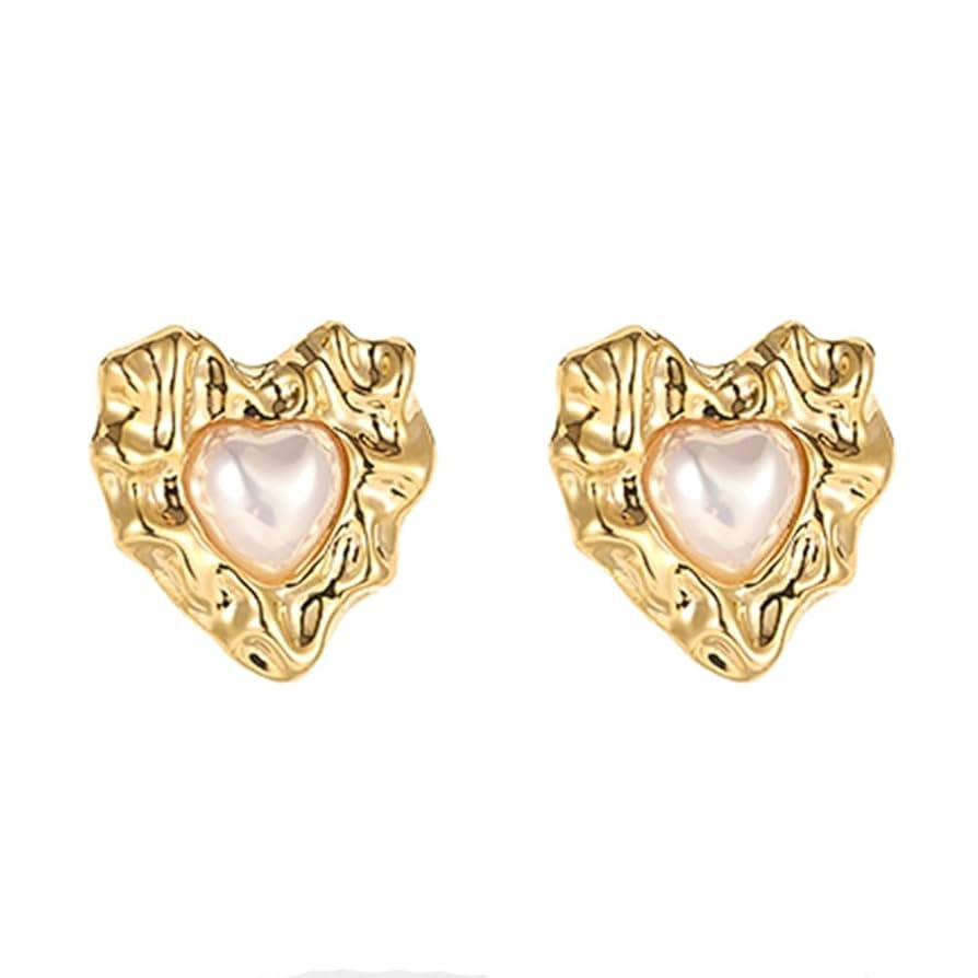 Gold Irregular Heart Pearl Stud Earrings S925 Anti-allergic Fashion Jewelry Birthday Gift for Her | Amazon (US)