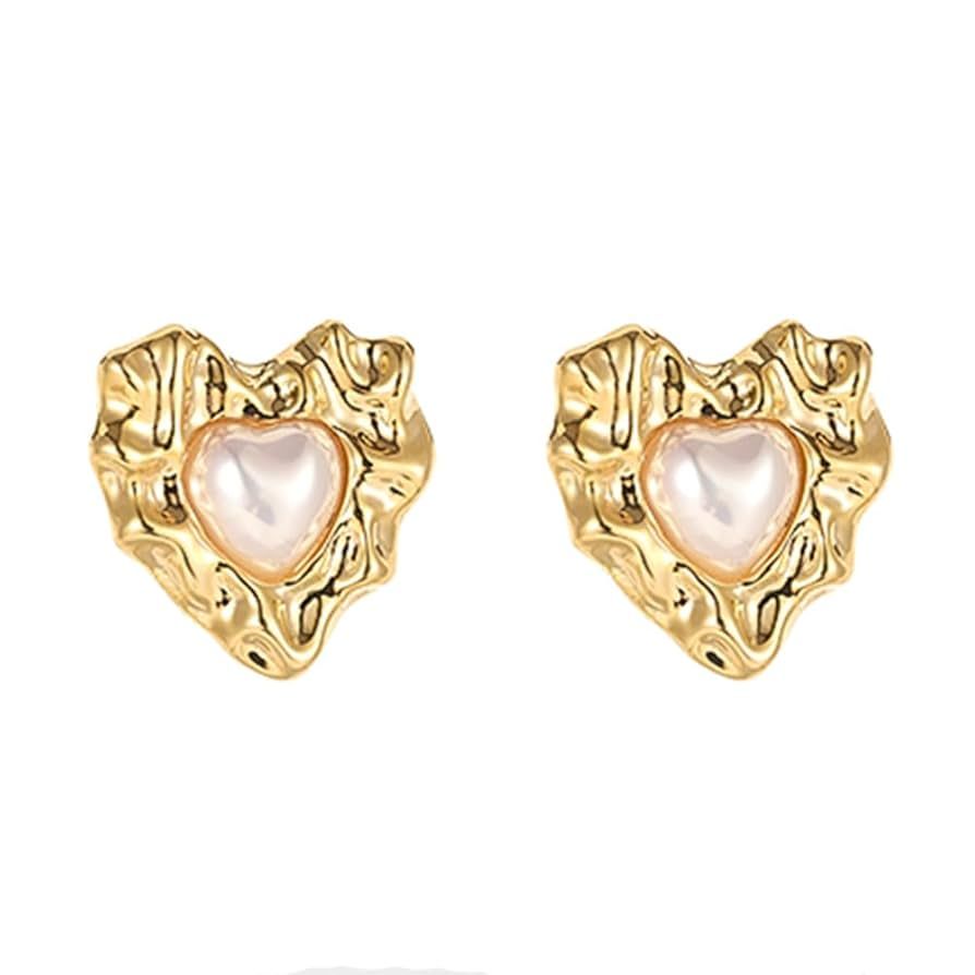 Gold Irregular Heart Pearl Stud Earrings S925 Anti-allergic Fashion Jewelry Birthday Gift for Her | Amazon (US)