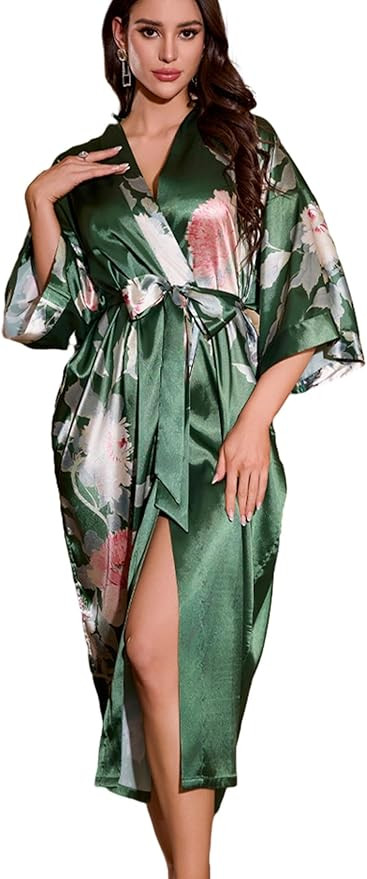 Satin Long Robe for Women Silk Kimono Robe Floral Lightweight Bathrobe Soft Thin Ladies Luxury Ho... | Amazon (US)