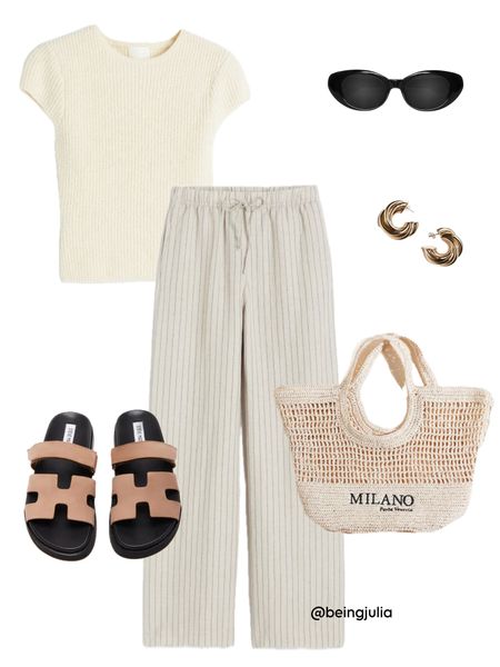 Spring outfit inspiration! Details below:
-Cap sleeve rib knit top in cream from H&M. 
-Linen blend pull on pants in beige pinstripe from H&M. 
-Slip on sandals in tan from Steve Madden. 
-Embroidered straw shopper bag from H&M. 
-Gold intertwined hoop earrings from H&M. 
-Celine Triomphe sunglasses. 


#LTKSeasonal #LTKfindsunder100 #LTKstyletip