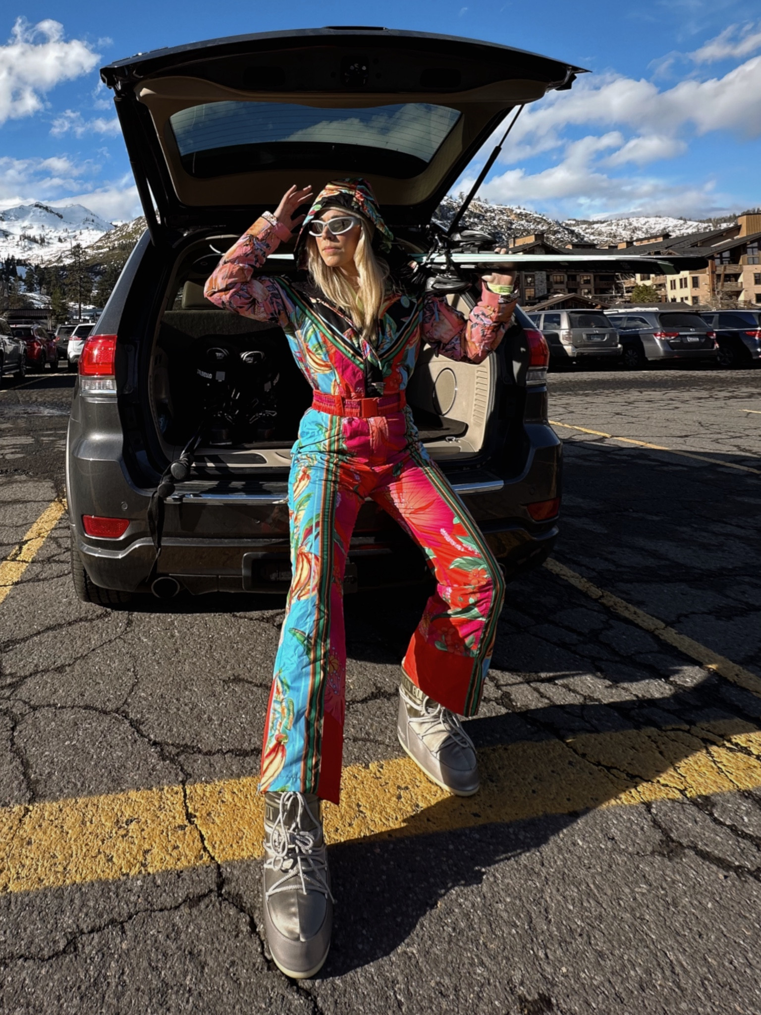 Ski outfit ideas, gold moon boots, neutral moon boots, wrap silver sunglasses, farm rio, colorful ski jumpsuit, aprés ski

#LTKstyletip #LTKshoecrush #LTKSeasonal