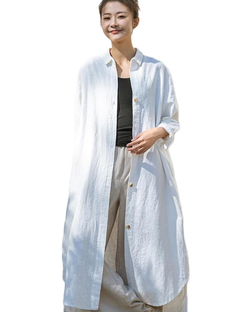 NFYM Women Casual Cotton Linen Lapel Shirt Trench Coats Lightweight Loose Button Up Pockets Long ... | Amazon (US)