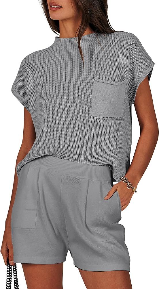 ANRABESS Women's Two Piece Outfits Sweater Short Sets Knit Pullover Tops and Shorts Lounge Set Tr... | Amazon (US)