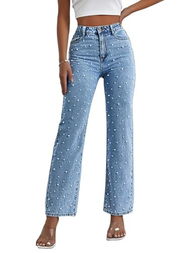 Kedera Women Pearl Baggy Jeans Loose Fit Casual Rhinestone Jeans Straight Leg Stretchy Denim Jeans Mid Blue | Amazon (US)