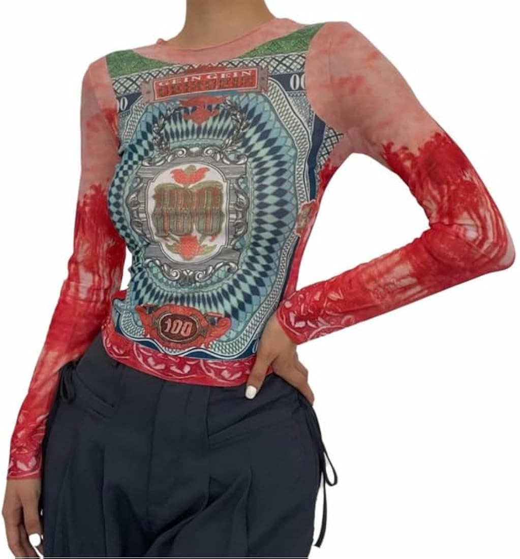 Women Mesh Printed Crop Top Shirt Long-Sleeved Slim Cool T-Shirts Modern Punk Street Tops | Amazon (US)