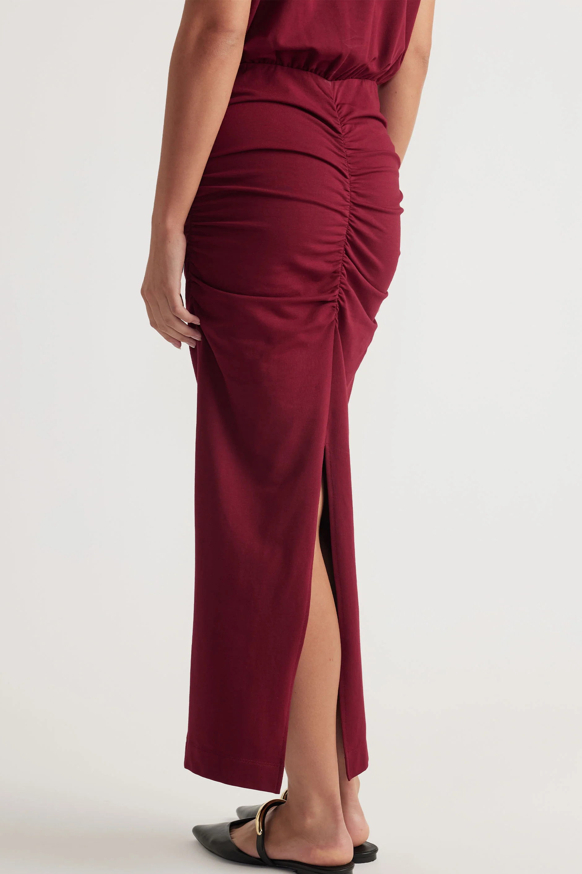 Gabbie Ruched Midi Dress - Ruby Red | DECJUBA