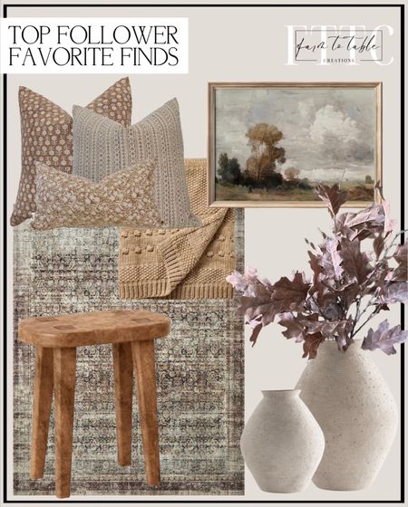 Top Follower Favorite Finds. Follow @farmtotablecreations on Instagram for more inspiration. Amber Lewis x Loloi Morgan Collection MOG-02 Navy / Sand. Hannela Table Vase. One Artificial Faux Withered Autumn Brown w/Purplish Tint Oak Leaf Leaves Stem Branch Realistic 23.5" Tall, Fall Decor. 
Rustic Landscape Country Farmhouse Painting. block print linen pillow combos, camel color/ light brown floral natural linen pillows. Woodland Carved Wood Accent Table Brown. Bobble Striped Knit Throw Blanket. 

#LTKSeasonal #LTKfindsunder50 #LTKhome