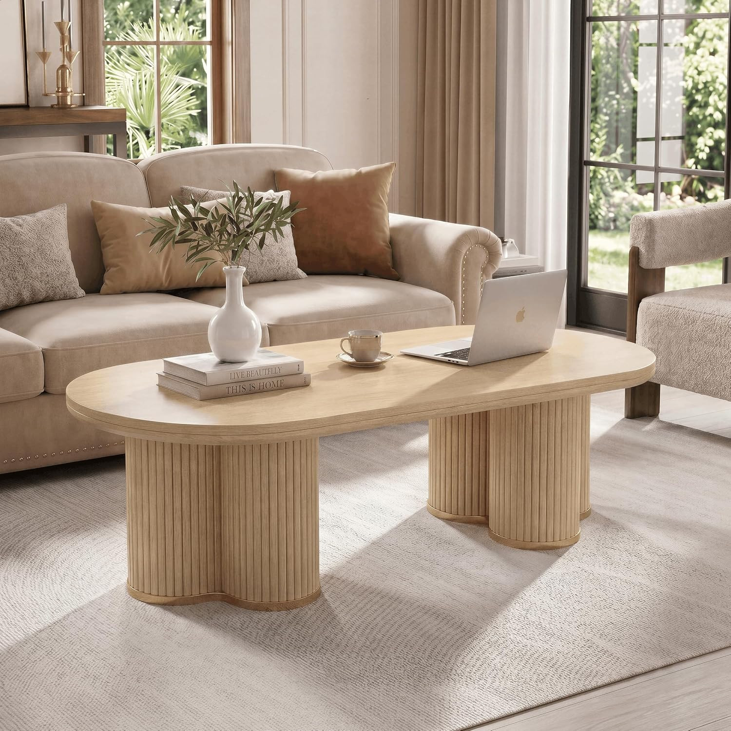 Oval Fluted Coffee Table for Living Room - 47" Farmhouse Wood Coffee Table Modern Round Center Ta... | Amazon (US)