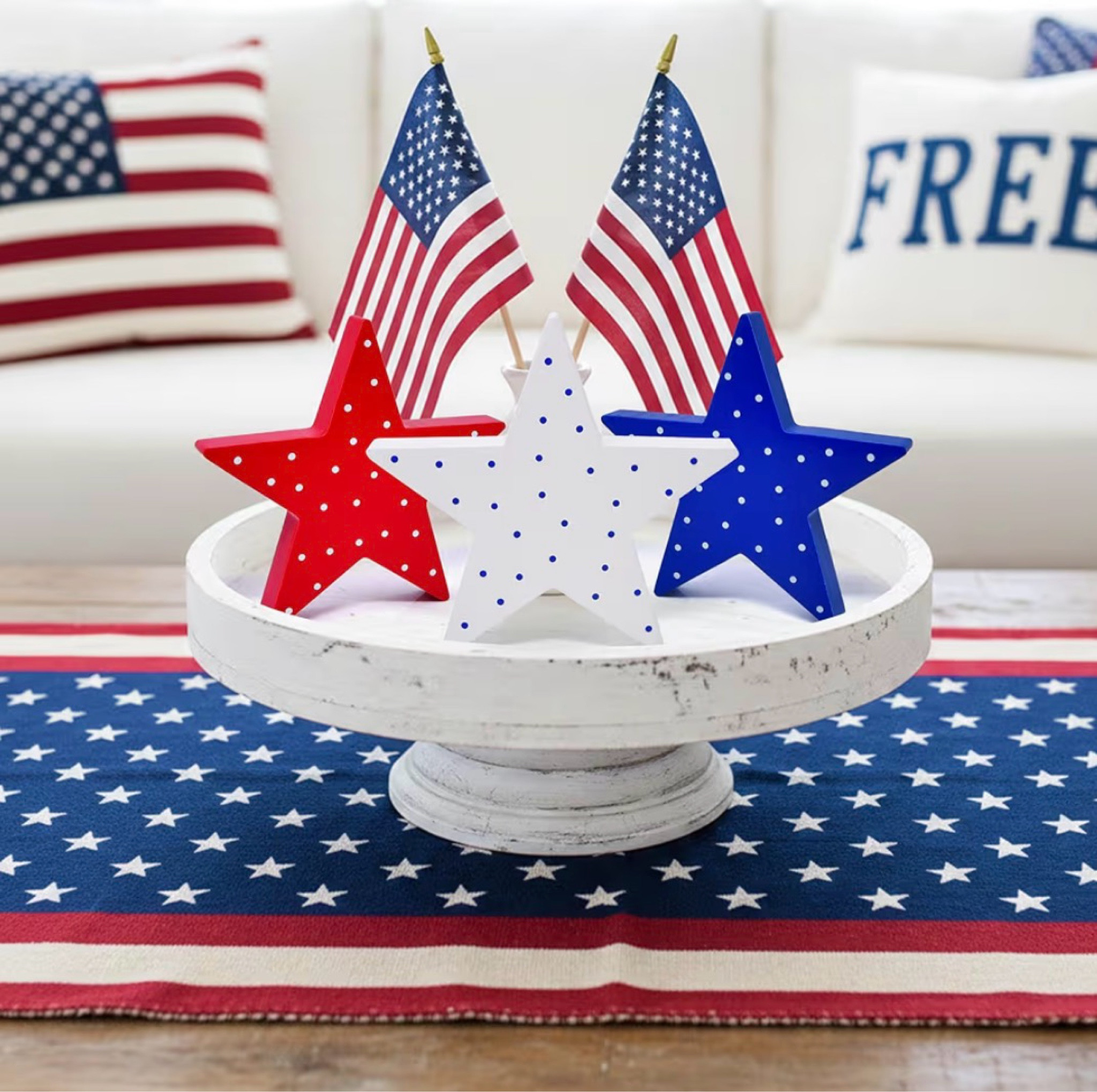 Patriotic Table Decor Centerpiece 🇺🇸 Red White Blue Star Tray Styling for Summer Entertaining


The cutest red, white, and blue table moment 🇺🇸✨ These wooden star accents paired with mini American flags make such an easy patriotic centerpiece for summer hosting. Styled on a white pedestal tray with a classic flag runner for that clean, preppy look that works for Memorial Day, Fourth of July, and all your backyard gatherings ❤️💙

Perfect for coffee tables, kitchen islands, or dining tables when you want something festive but still chic and minimal. Love how lightweight and easy these are to restyle throughout the season—just add florals or candles to switch it up 🌿🕯️

patriotic decor, 4th of July table decor, Memorial Day centerpiece, red white blue decor, American flag decor, summer entertaining ideas, patriotic tablescape, festive home decor, coffee table styling, preppy home decor, Amazon home finds, July 4th decorations, star decor centerpiece

#LTKmomlife #LTKHome #LTKSeasonal