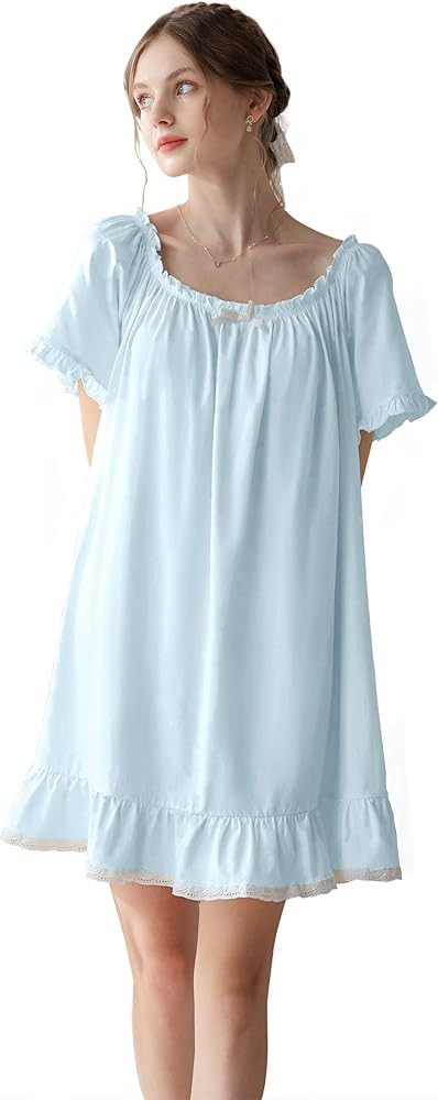 Women's Cotton Nightgowns Vintage Lightweight Gown Sets Short Sleeve Princess Nightdress | Amazon (US)
