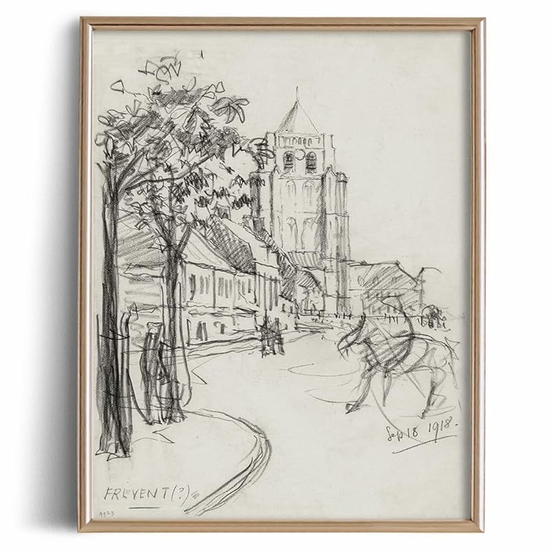 Town Drawing Etching Rustic Gray Picture - Beige Country City Building Print Poster - Vintage Far... | Amazon (US)