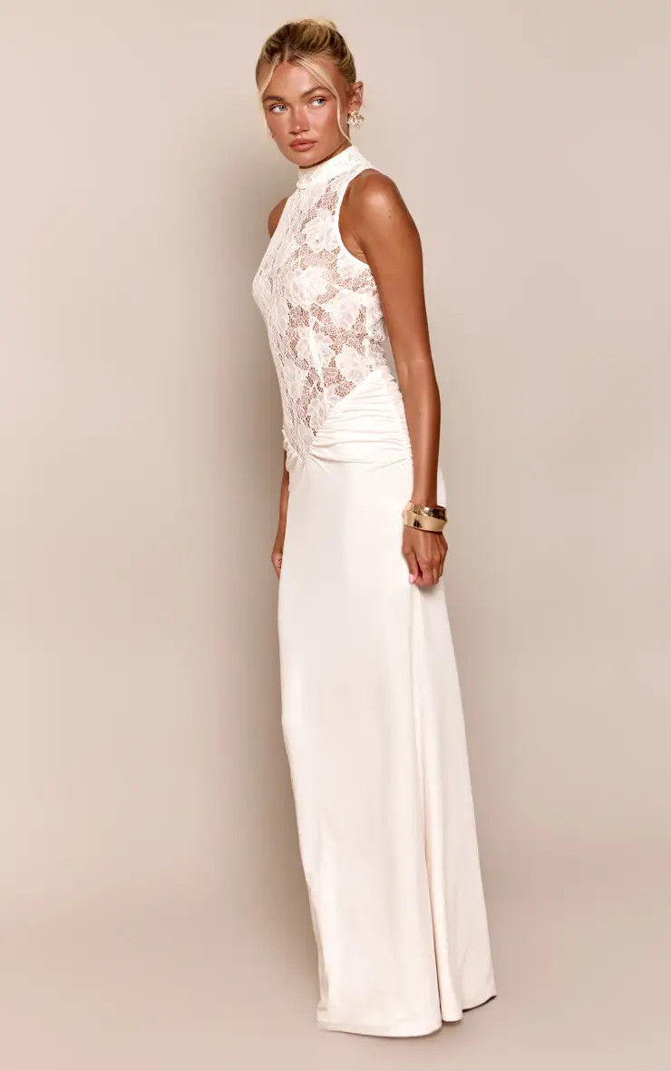 White Lace High Neck Sleeveless Contrast Maxi Dress | PrettyLittleThing UK