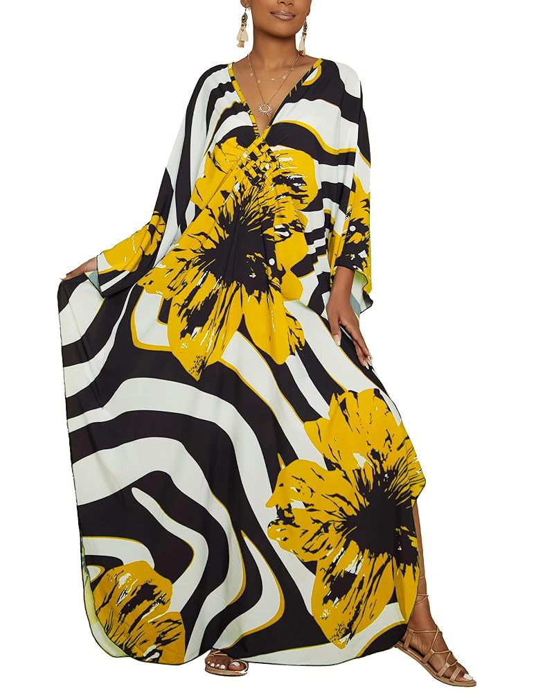 Bsubseach Women Floral Print Kaftan Dresses Plus Size Bathing Suit Cover Up Moo Moos Caftan Beach... | Amazon (US)