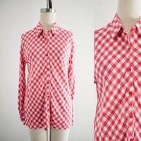 1990S Pink-Red Gingham Linen Blend Blouse | Etsy (US)