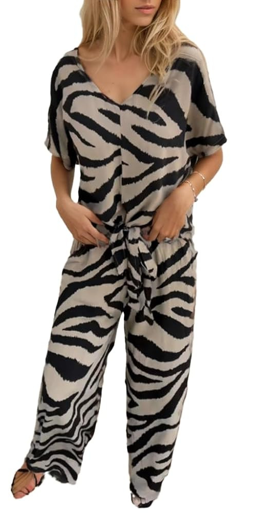Women Fashion Zebra Print Two piece Set V Neck Top Shirts Tie Front Casual Wide-Leg Pants Suits S... | Amazon (US)
