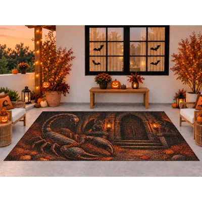 5' x 7' Outdoor Area Rug, Scorpion Haunted Door Halloween Pattern, Waterproof PVC Coil Loop Carpet, Heavy Duty Quick Dry Mat for Porch Deck Balcony En | Wayfair North America