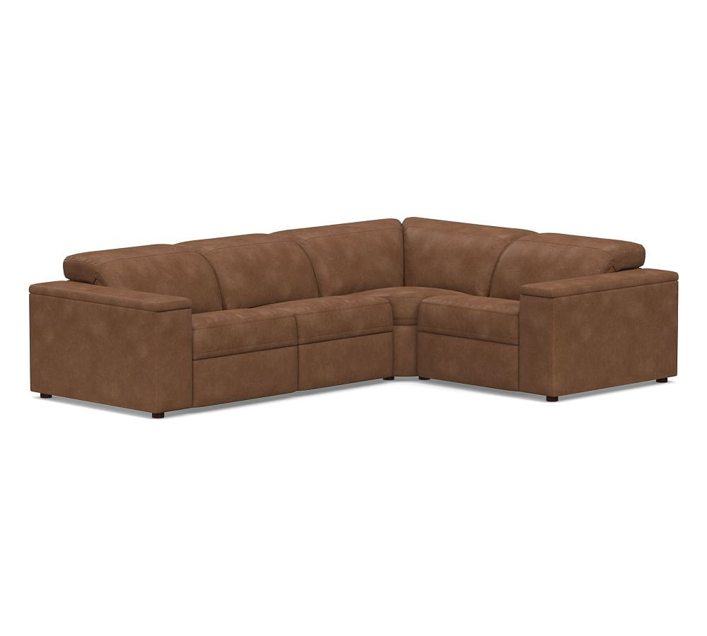Ultra Lounge Leather Square Arm 4-Piece Reclining Sectional, Down Blend Wrapped Cushions, Statesville Toffee | Pottery Barn (US)