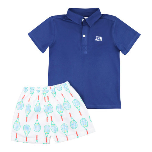 Navy Tennis Print Polo Short Set | Cecil and Lou