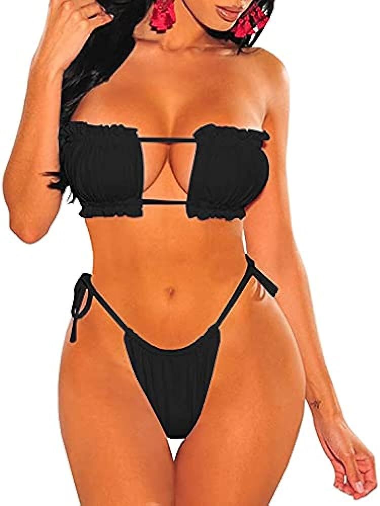 KUANGDUO Womens High Waisted Swimsuit Ruffle Bandeau Bikini Set Cheeky Thong Bathing Suit Tie Kno... | Amazon (US)