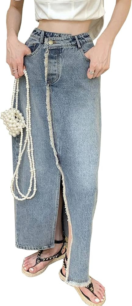 SCOFEEL Women's Casual High Waist Denim Skirt Slim Fit A-line Jean Maxi Skirt | Amazon (US)