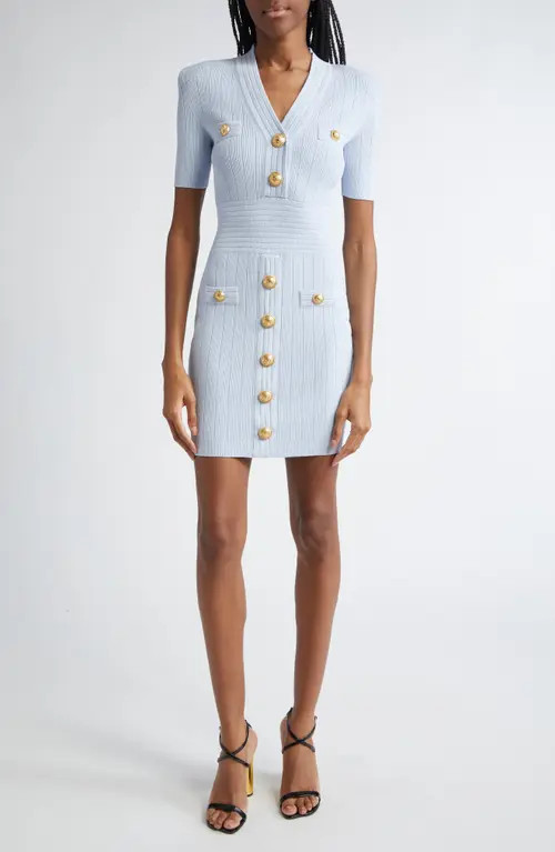 Balmain Button Detail Pointelle Rib Knit Minidress in 6Ac Transparent at Nordstrom, Size 12 Us | Nordstrom