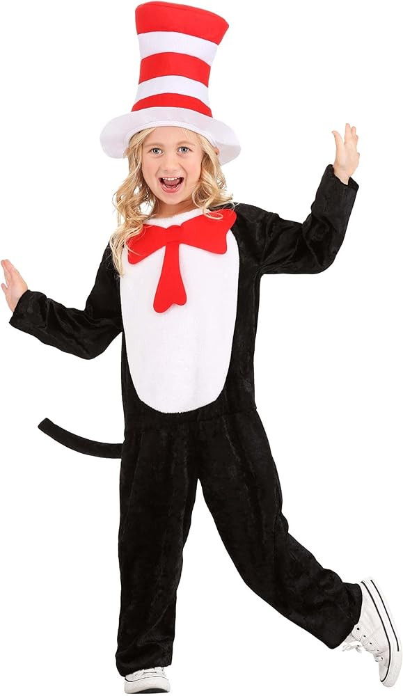 Dr. Seuss the Cat in the Hat Costume for Kids - Polyester Velvet Jumpsuit, Felt Top Hat & Tail | Amazon (US)