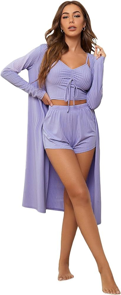 SheIn Women's 3 Piece Pajama Set Open Front Cardigan Cami Crop Top Shorts Loungwear Sleepwear | Amazon (US)