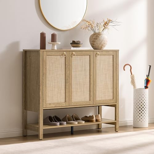 SICOTAS Rattan Shoe Cabinet Storage for Entryway - 30 Pairs Boho Shoe Storage Organizer with Adjustable Shelves & 3 Doors, Tall Shoe Rack Cabinet for Hallway, Living Room (Carbon Cherry) | Amazon (US)