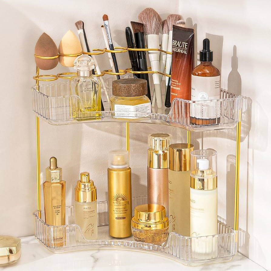 NATURE'S SOURCE Makeup Organizer for Vanity, 2-Tier Corner Bathroom Organizer Countertop with Mak... | Amazon (US)