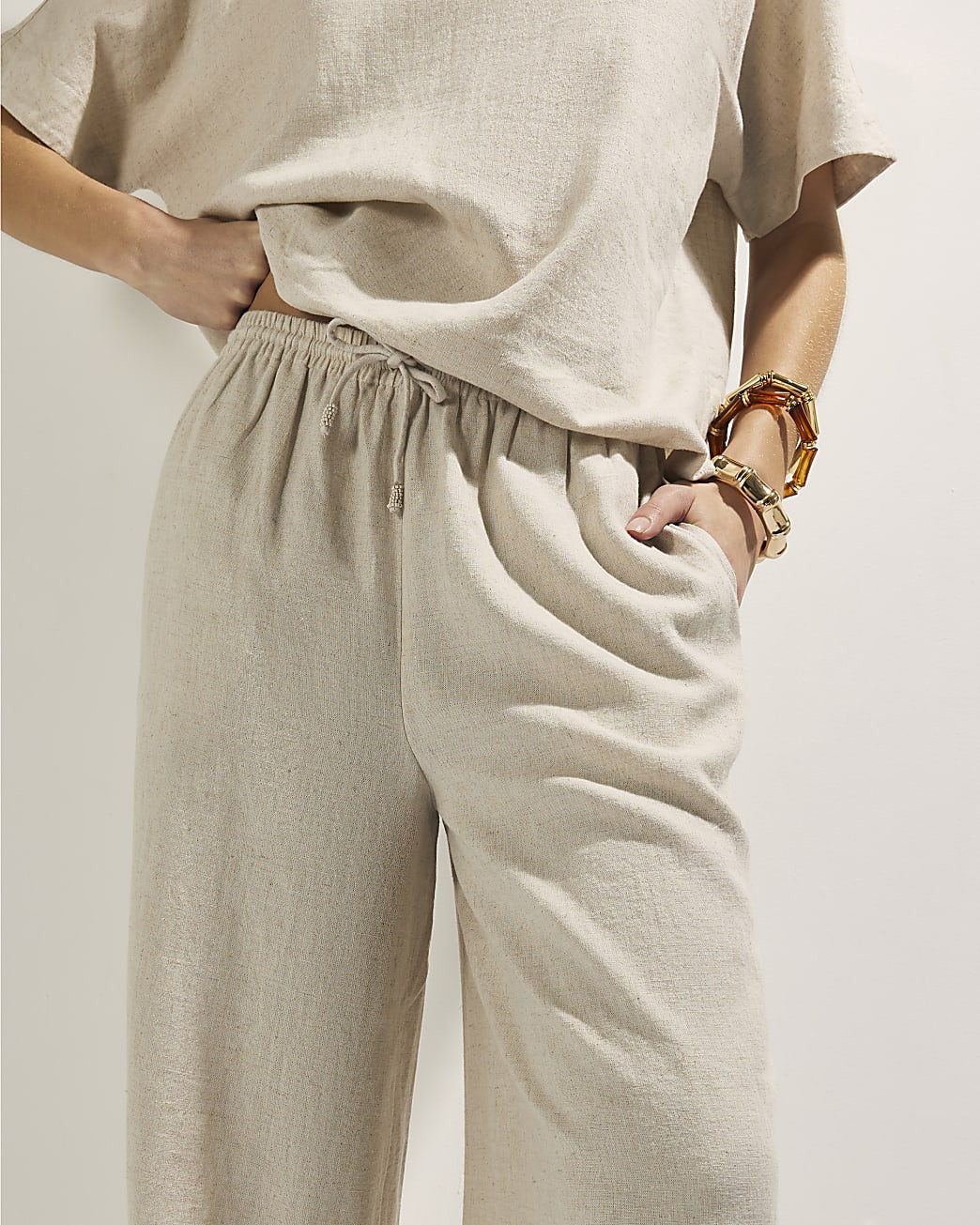 Beige Linen Blend Wide Leg Trousers | River Island UK & IE