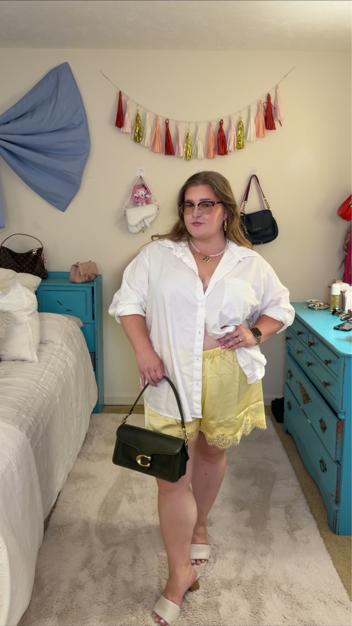 Plus size & midsize date night outfit • I love the little silk shorts trend! I paired this lacy pair of silk shorts from Old Navy with an oversized button down, low heels, and some accessories for a chic effortless date night look! I’m wearing a size XL in these size inclusive lace shorts

#LTKootd #LTKPlusSize #LTKMidsize