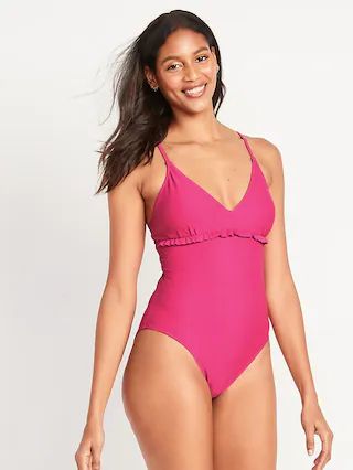 V-Neck Ruffle-Trim Cutout One-Piece Swimsuit for Women | Old Navy (US)
