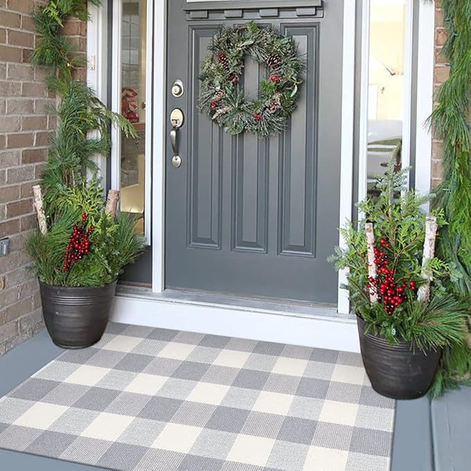 KIMODE Front Door Mat Buffalo Plaid Outdoor Rug 24"x51" Grey and White Checkered Rug Farmhouse Fr... | Amazon (US)