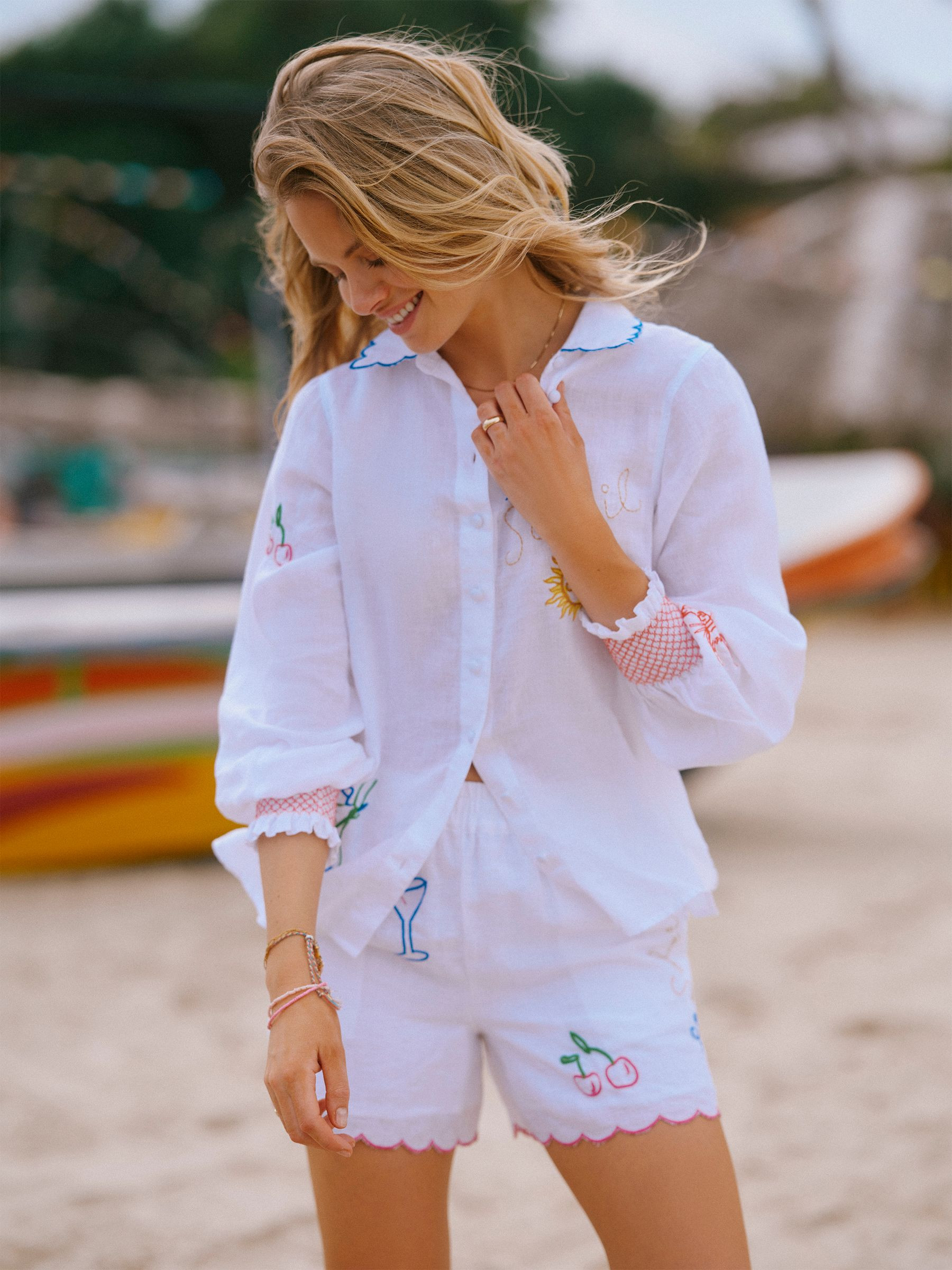 Orla White Embroidered Pure Linen Shorts | Joules | Joules