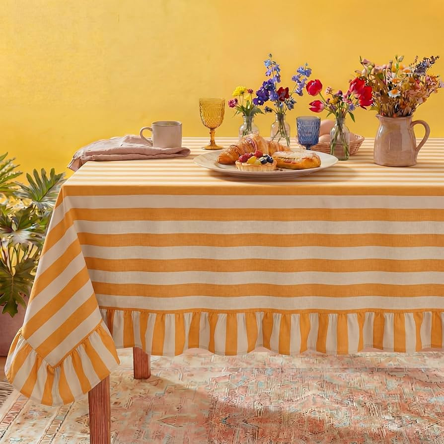 Tudomro 1 Pcs Ruffle Edge Striped Tablecloth, 52'' x 70'' Scalloped Table Cover, Farmhouse Linen ... | Amazon (US)