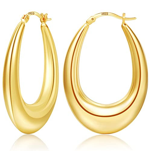 PABBEU Chunky Gold Hoop Earrings for Women, Lightweight 14k Golden Plated Hoops Earrings, Hypoallergenic 925 Oval Golds Hoops Earrings, Thick Gold Hoop Earrings for Women Gifts (38mm) | Amazon (US)