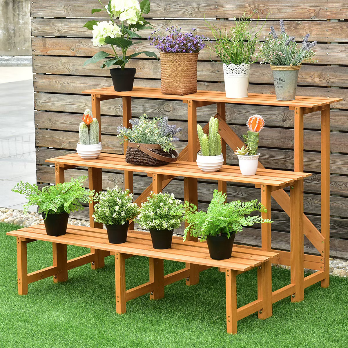 Costway 3 Tier Wide Wood Plant Stand Flower Pot Holder Display Rack Shelves Step Ladder | Target