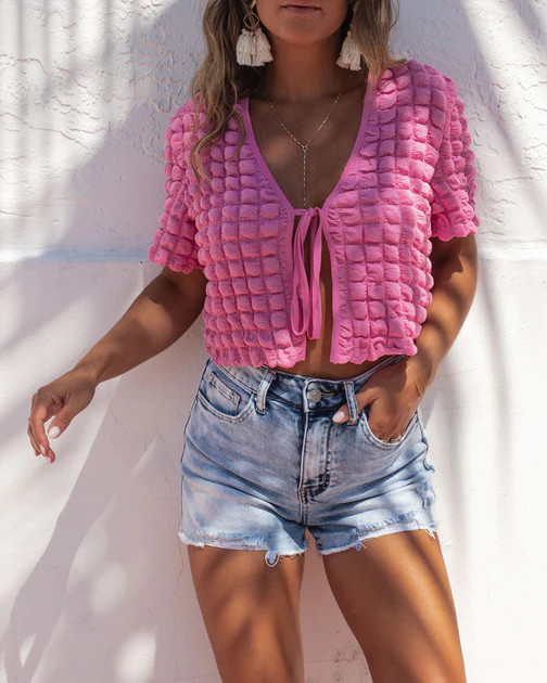 Modern Day Muse Textured Front Tie Short Sleeve Top - Pink | VICI