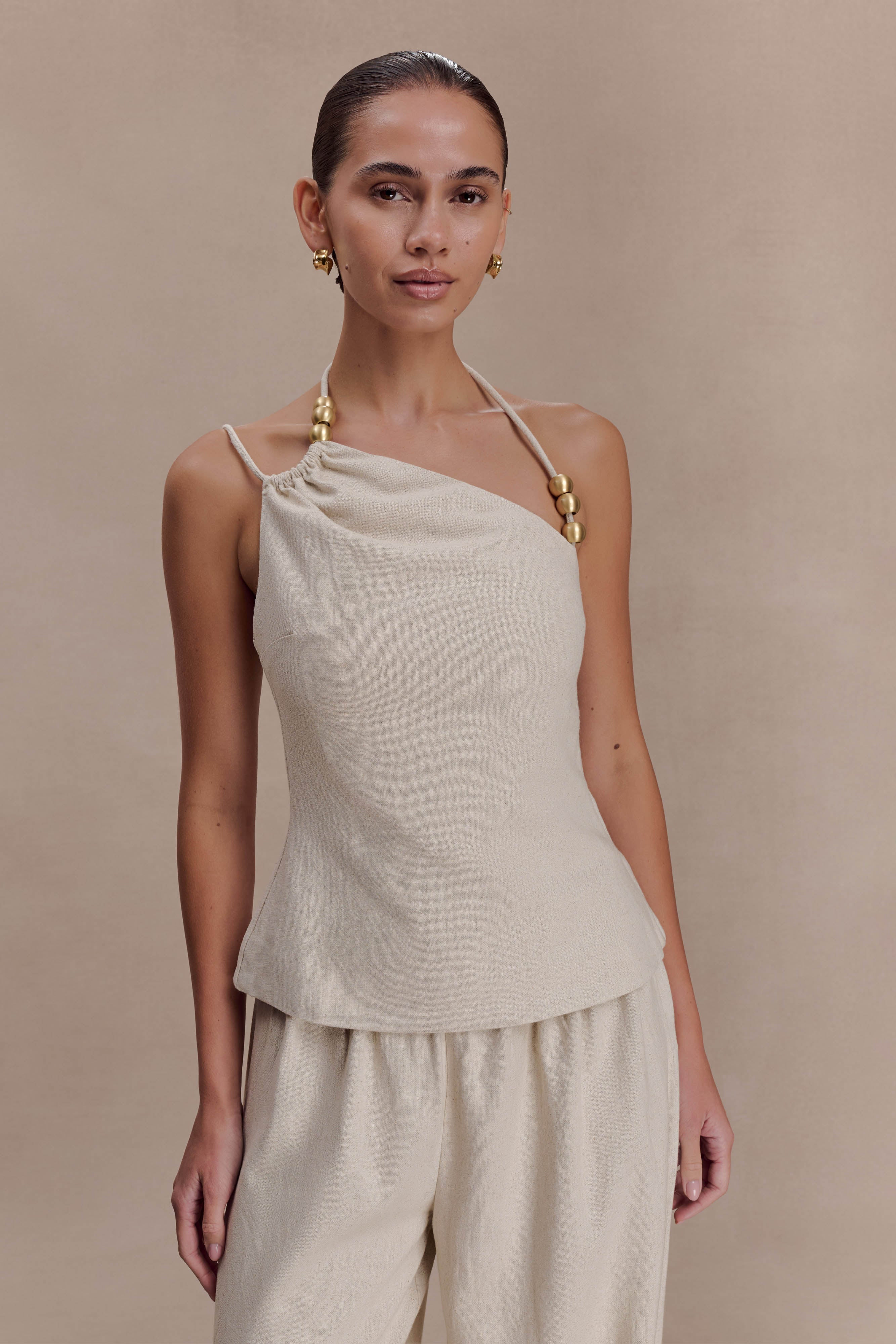 Gabby Asymmetrical Neckline Linen Beaded Top - Natural | Meshki UK