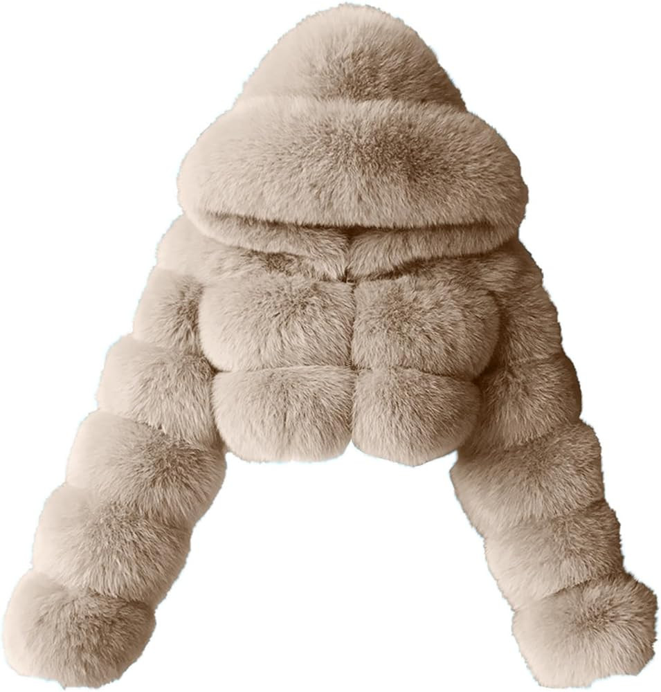 Women's Faux Fur Jacket Casual Fashion Cropped Coat Fluffy Shaggy Solid Outerwear Winter Warm Hoo... | Amazon (US)