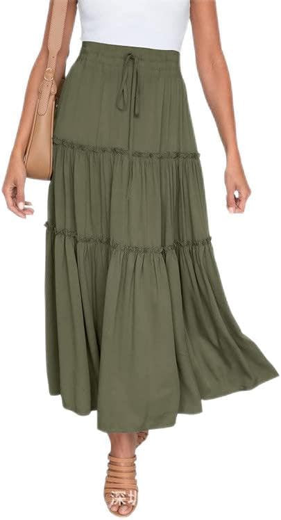 Casual Elastic Waist Summer Boho Skirts for Women Plus Size Stretchy Drawstring Maxi Skirt Layere... | Amazon (US)