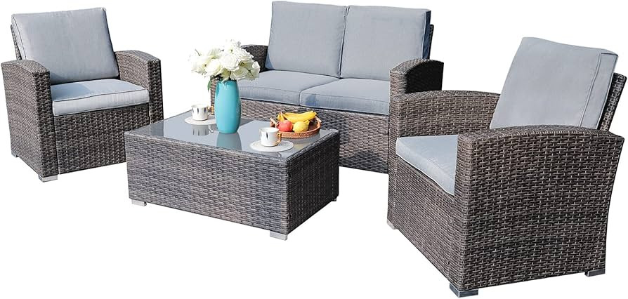 JOIVI Patio Furniture Set, 4 Piece Outdoor Patio Conversation Set, All-Weather PE Rattan Wicker S... | Amazon (US)