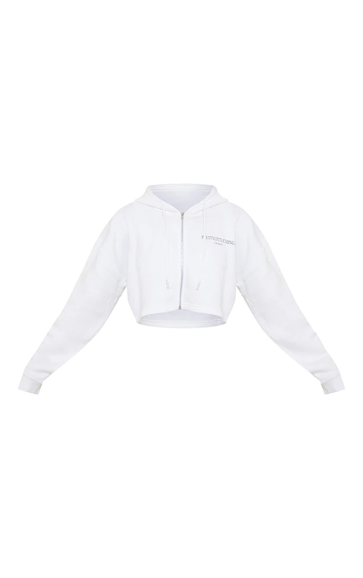 PRETTYLITTLETHING White Copyright Graphic Zip Through Crop Hoodie | PrettyLittleThing US